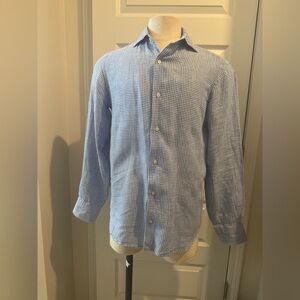 Men's Sak’s Fifth Avenue Blue Gingham Linen Slim Fit Shirt Size Medium